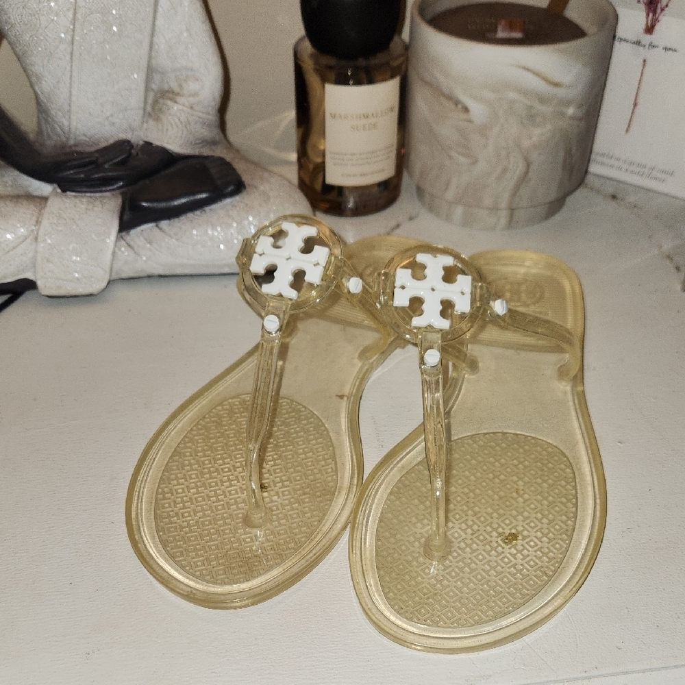 Tory Burch Light Yellow Clear Sandals with White Logo Accent